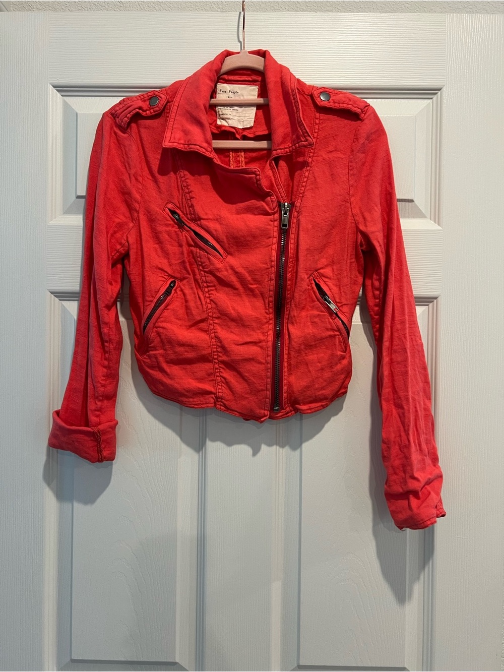 Free People Red Cropped Moto Jacket